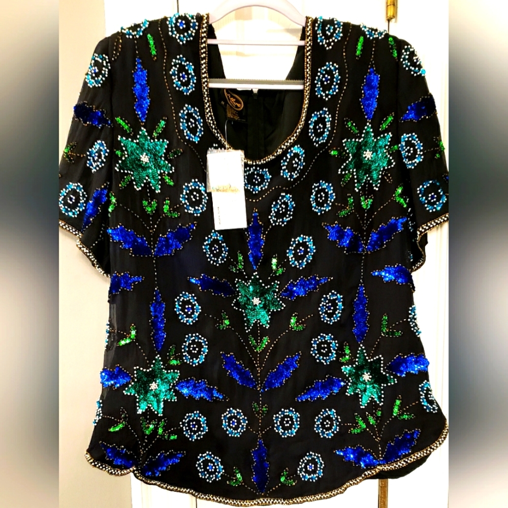 Allure Beaded Multi Colored Sequins Silk Womens Blouse Size 2X NWT
